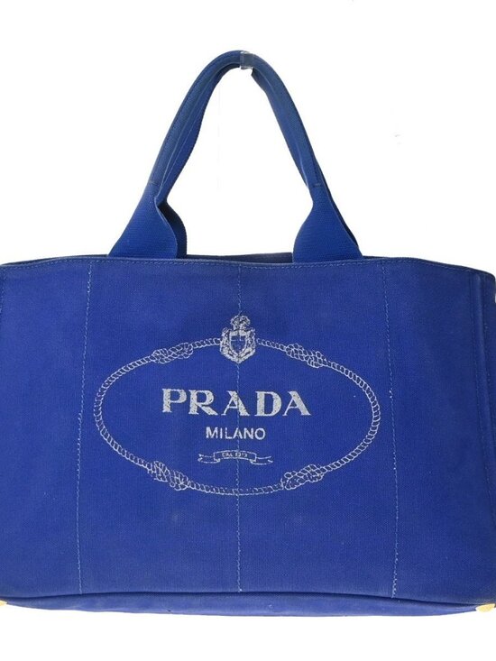Prada Handbags - PRADA Logo CANAPA Shoulder Hand Tote Bag Canvas Leather Blue GHW 36KC773